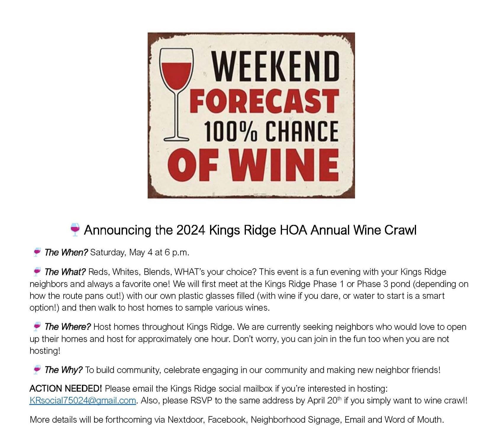 🍷Announcing the 2024 Kings Ridge HOA Annual Wine Crawl 🍷